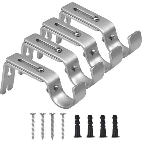 Support de Tringle à Rideaux, 4 Pièces Support Mural Réglable, Support pour Tringle à Rideau en Métal, Support de Rideau avec 8 Pièces Vis de Fixation pour Tringles à Rideaux (Argent) (1/4)