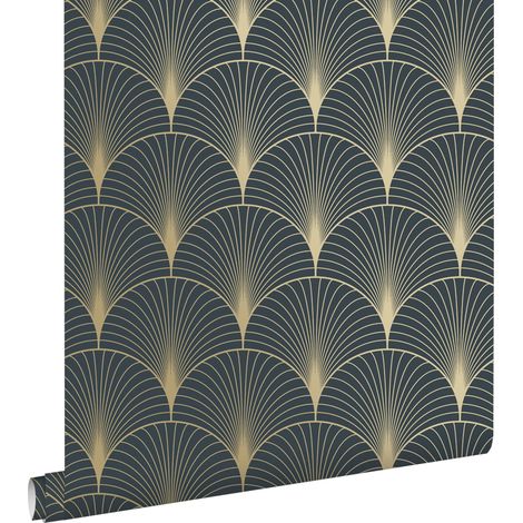 Papier peint art déco bleu foncé et or – Motif répétitif tous les 17.6 cm – Dimensions 53 cm x 10.05 m – Facile à poser intissé – Estahome