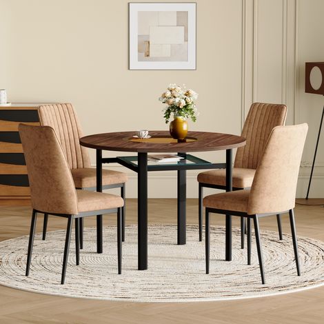 Ensemble table ronde 85 cm en verre trempé + 4 chaises marron en tissu technique – salon, salle à manger, cuisine (1/4)