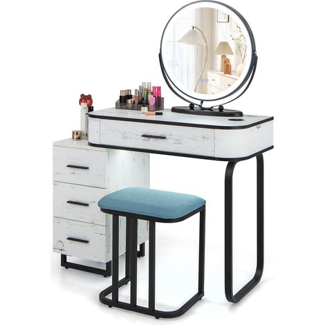 Dressing Table Vanity Set Makeup Stool LED Light 3-Drawer Chest Storage Shelves (1/5)
