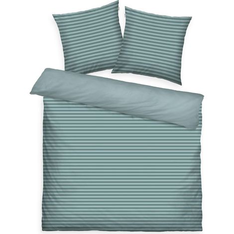 Housse de Couette, 2 80x80 cm + 200x220 cm, 100% Coton/renforcé, Motif Réversible et Fermeture Eclair Colorée, Medium Stripes Turquoise (Fresh Sage, Smokey Sage) (1/5)