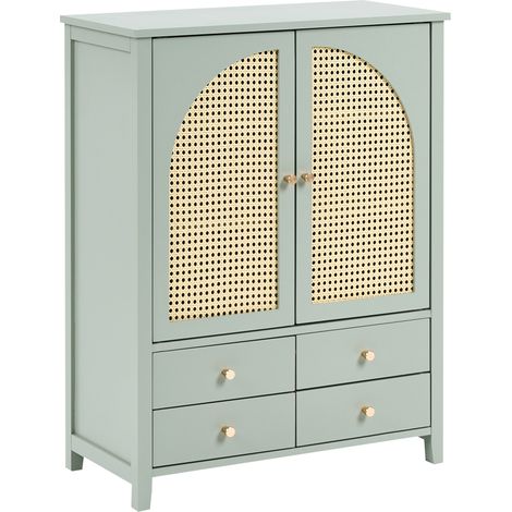 Zapatero con 4 cajones y 3 estantes de madera MDF ratán PE pintado estilo boho verde menta Bendigo