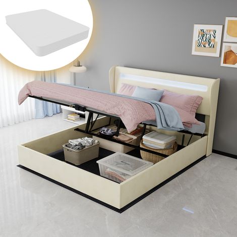 Lit capitonné moderne minimaliste tête souple LED, 160 x 200 cm, beige, chambre multifonctionnel, coffre haut vérin gaz, matelas 160 x 200 (1/5)