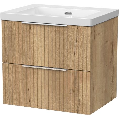 Callingwood Contemporary Wall Hung 2 Drawer Vanity Unit with 0 Tap Hole Fireclay Basin , 600mm, Autumn Oak