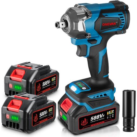 ONEVAN 700 N.m Clé à Chocs Sans Fil Brushless, 1/2 " Boulonneuse a Choc Electrique avec Deux Batterie, Visseuse à Choc avec 1 Douilles pour la Voiture et la Maison - bleu