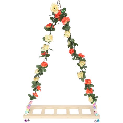1 Support échelle balançoire en bois naturel, cloches colorées, perles, pour perroquets moyens grands et poules, cour extérieur (1/5)