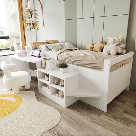 Lit enfant multifonction 90 x 200 cm blanc en bois avec bureau, rangements et prises USB (1/5)
