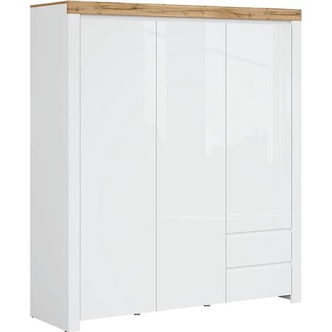 Armoire placard à 3 portes et 2 tiroirs,coloris Blanc/Chêne wotan - Longueur 180,5 x Profondeur 56,5 x Hauteur 203,5 cm (1/5)