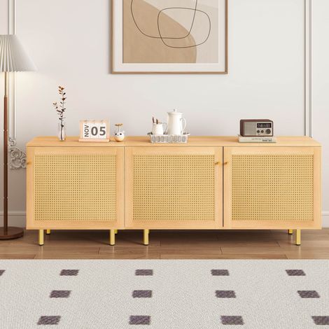 Buffet en rotin à trois portes 180 x 40 x 63 cm Commode Salon aspect bois naturel Meubles de rangement Conception modulaire (1/5)