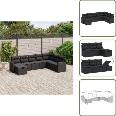 Ratán sintético - vidaXL Set de sofás de jardín 8 piezas y cojines ratán sintético negro - Sofás de jardín negro