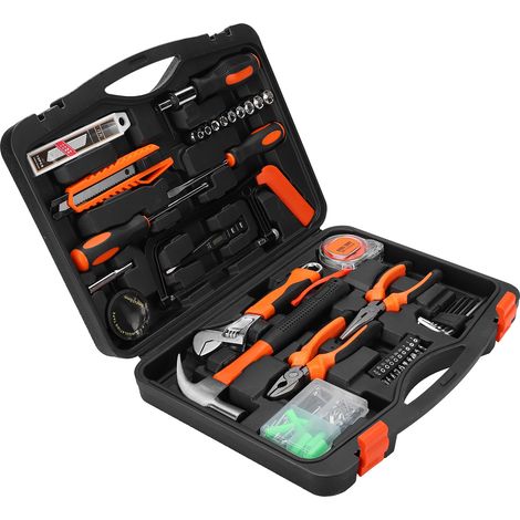 Coffret d'outils de 108 pièces comprenant un couteau universel, une pince, un tournevis, un embout et une clé à douille – la boîte à outils idéale pour un usage quotidien. (1/5)