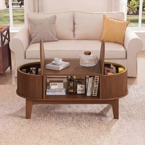 Table Basse Salon avec Rangement, Table de Salon en Bois Design avec Compartiments Cachés et Plateau Rabattable, Table Basse Moderne Cannelée Style Scandinave - 100x50x40,5 cm (1/5)
