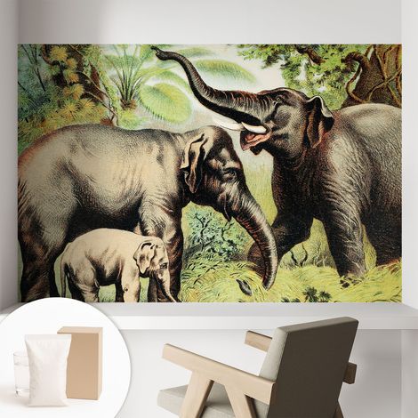 Tapete Vliestapete mit Kleber - modernes Design - Wohnungsdeko - geruchslos - langlebig Elefantenfamilie 104x70 cm (1/5)