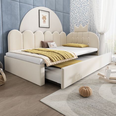 REDOM Letto singolo 90x200 cm con letto estraibile, velluto beige (Senza materasso)