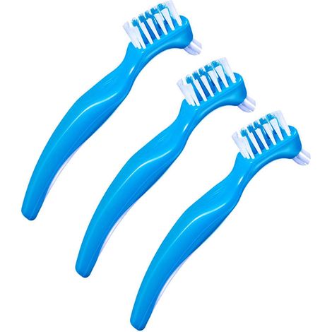 Bleu Lot de 3 brosses de nettoyage pour prothèses portables avec poils multicouches modérés, brosse double face pour le nettoyage des fausses dents