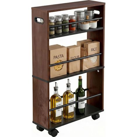 Relaxdays carrito para nichos 80x15x45 cm, estantería estrecha para baño/cocina, 4 baldas, ruedas y asas, negro-marrón