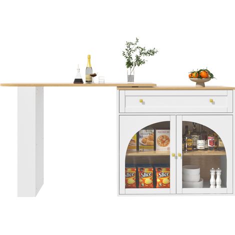 Table bar extensible avec rangement, plateau pivotant à 360°, étagère latérale 3 niveaux, portes en verre de sécurité, blanc, pour cuisine ou salon  CHICFURN (1/5)