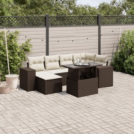 Canapé d'angle modulaire 7 places marron résine tressée, table réglable, incl. 6 coussins lavables, 100x55x44/73cm (1/5)