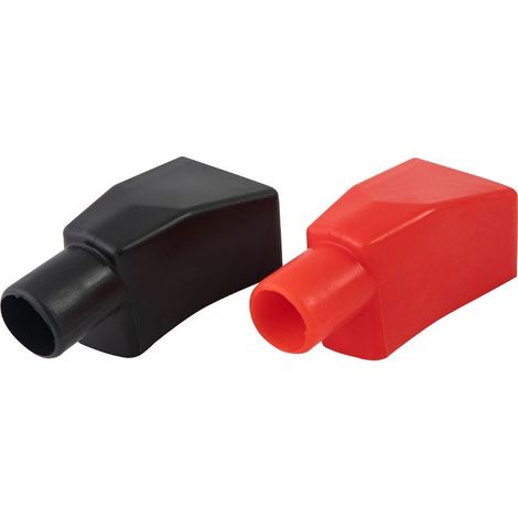 Une paire de protections flexibles rouges et noires pour bornes de batterie automobile, avec protections de câblage en caoutchouc et en plastique. (1/5)
