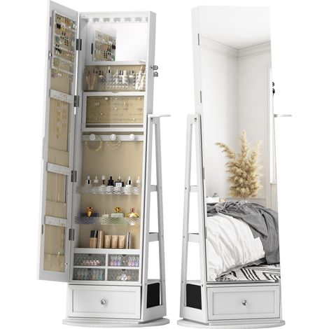 Miroir à bijoux LED 360° avec armoire, tiroir et serrure - Blanc (1/5)