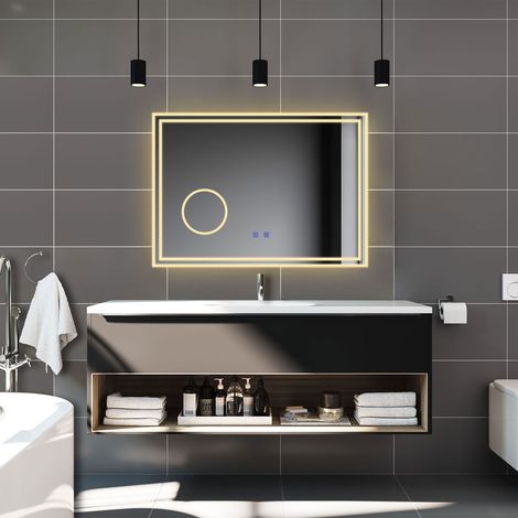Biubiubath 80x60cm Tricolor anti-buée LED miroir de salle de bain avec bluetooth simple et miroir grossissant 3x (1/5)