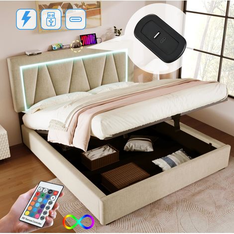 Cama tapizada 160/200 cm beige de lino con LED, USB-C y cabecero regulable (1/5)