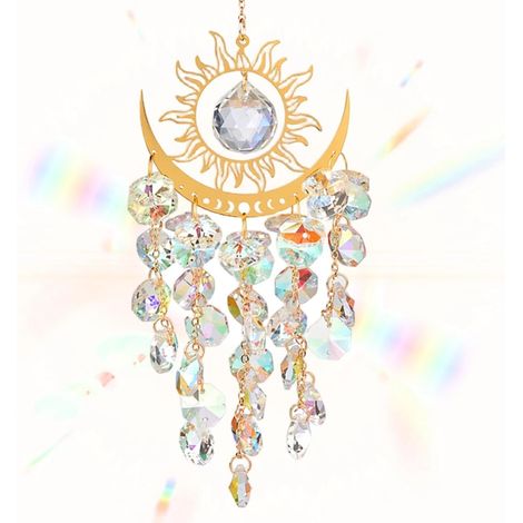 Attrape-Soleil en Cristal Soleil Lune, Carillons Éoliens Colorés Prismes Suspendus, Décoration de Plafond de Jardin, Carillons Éoliens Bohèmes pour Vitraux Extérieurs (1/5)