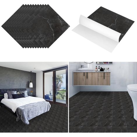 Jiubiaz Losetas de PVC adhesivas 30 x 30 cm, 11 piezas, suelo vinílico autoadhesivo para salón cocina pasillo, mármol negro (1/5)