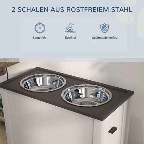 Gamelle pour chien, station de repas avec rangement, bol d'eau, support de gamelles avec 2 bols en acier inoxydable de 2 L, mangeoire surélevée pour grands chiens, blanc. (1/5)