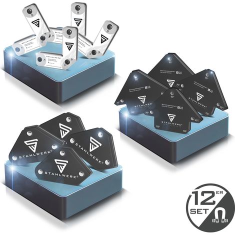 STAHLWERK Magnet-Schweißwinkel Set 12-teilig – Schweißmagnete mit 4 kg / 9 lbs, 11,3 kg / 25 lbs Haftkraft, Magnetwinkel, Schweißpositionierer 45° / 90° / 135° für WIG, MIG MAG, ARC, MMA und FLUX (1/5)