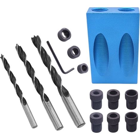 Kit de menuiserie comprenant 14 serre-joints pour trous de poche, foret à goujon à 15°, guide de menuiserie et outil de positionnement d'angle d'assemblage.