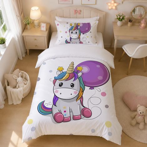 Parure de lit licorne 135 x 200 cm pour fille - En microfibre douce - Avec housse de couette et fermeture éclair - Respirante - Avec taies d'oreiller de 80 x 80 cm (1/5)