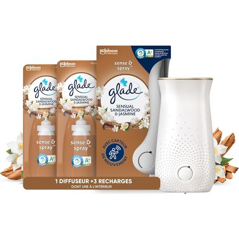 Sense et Spray Diffuseur à Détection de Mouvement - Infusé Aux Huiles Essentielles - Jusqu'à 2 Mois de Parfum - Sans Parabens - Sensual Sandalwood & Jasmine - 1 Diffuseur et 3 Recharges x 18ml