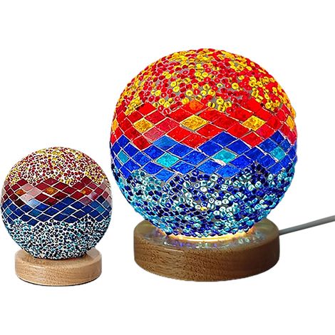 Nachtlicht aus Mosaikglas und Holz mit orangefarbenem Sockel, Vintage-Boho-Stil, USB-betrieben, drei Helligkeitsstufen, mediterranes Standardmodell (1/2)
