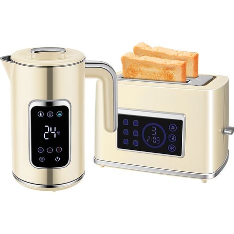Set Desayuno LED Táctil Hervidor Agua 1.7L 2200W Tostadora Pan 2 Rebanadas Ranura Ancha Crema
