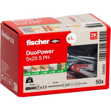 Cheville bi-matière et multi-matériaux DUOPOWER 5x25 avec vis à tête bombée/Boîte de 50 535462 (1/4)