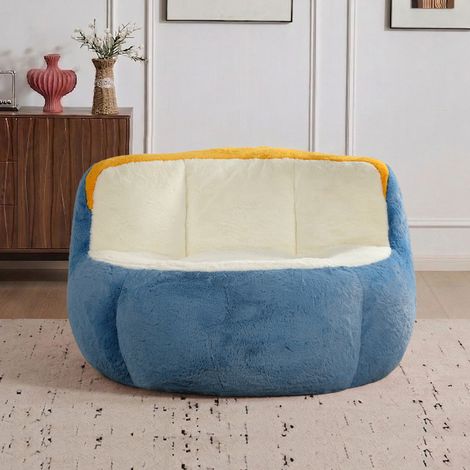 Poufs géants, canapé multicolore en fausse fourrure garni de mousse déchiquetée, grand canapé-lit pour salon, aucun assemblage requis, bleu + blanc + jaune (1/4)