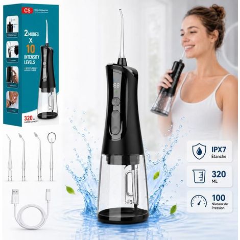 Hydropulseur Detartreur Dentaire, 100 Niveaux de Pression, Réservoir 320ml, Écran Numérique, Autonomie 30 Jours, Étanche IPX7 (1/5)