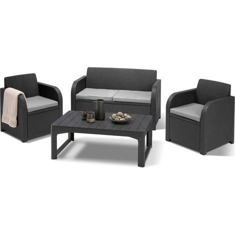 Dmora - Loungeset für draußen Joliette, Outdoor-Lounge mit Couchtisch, Terrassenset mit Kissen, 129x62 h77 cm, Anthrazit