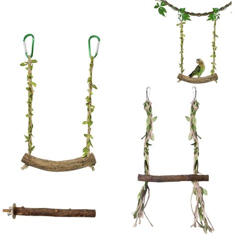 Lot de 3 Jouets et Perchoirs en Bois Naturel pour Oiseaux et Perroquets (1/5)
