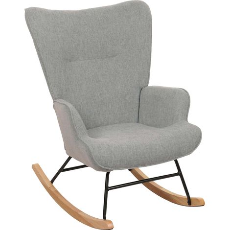 Sedia a dondolo HHG-728, imbottita poltrona TV, legno massiccio metallo stoffa/tessuto 320g/m², grigio verde