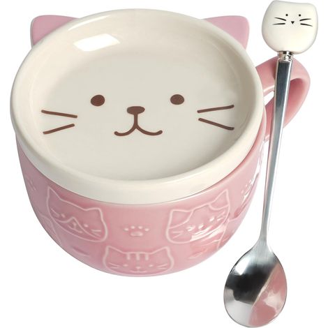 Keramikbecher mit Katzenmotiv – 1 Stück – Tierdesign – mit Multifunktionsdeckel – für Kaffee und Tee – 300 ml – Rosa (1/5)