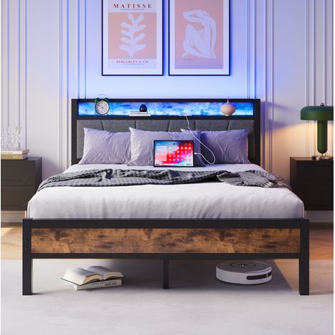 Bett 120x200 cm Industrial aus Metall und MDF in Antikbraun mit Stauraum-Kopfteil, LED und USB (1/5)