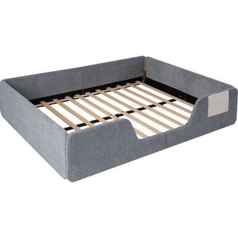 Cama infantil tapizada 140 x 190 cm de terciopelo gris con barreras extraíbles y bolsillo (1/5)