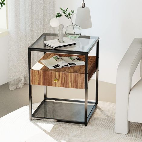 Mesita de Noche de Cristal y Madera, Mesillas Auxiliar con Cajón para Sofá Salón Dormitorio (1/5)