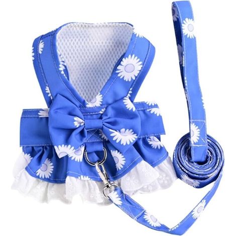 Harnisch und Leine für kleine Hunde, florales Gänseblümchenmuster, Fliege, Prinzessinenrock mit D-Ring (klein, blau) (1/4)