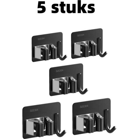 Lot de 5 crochets - Crochets pour balai - Supports pour serpillière - Pinces pour balai - Fixation murale autocollante résistante - Sans perçage - Crochets de rangement pour salle de bain - 5,5 cm x 4 (1/5)
