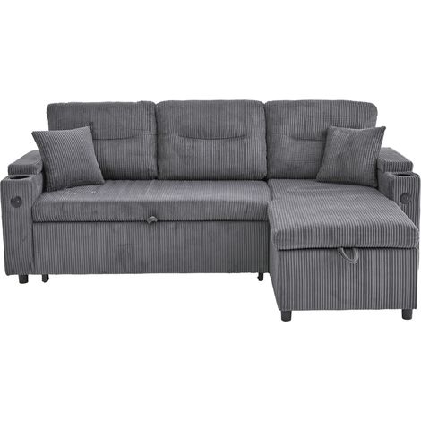 Sofá cama de esquina de 3 plazas en pana gris oscuro con almacenaje, USB-C y chaise longue (1/5)