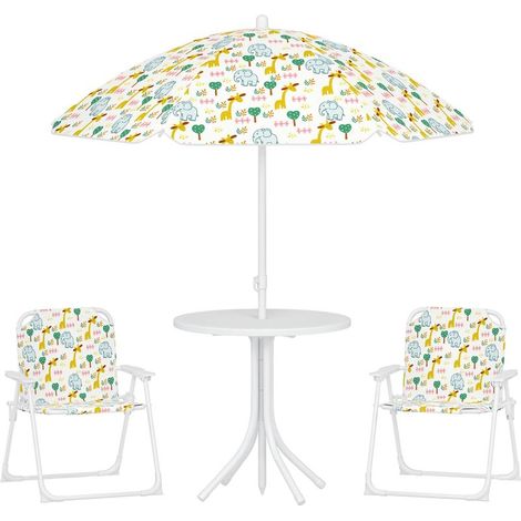 4-teiliges Kindergartenmöbelset mit verstellbarem Sonnenschirm (Ø 100 cm), faltbares Outdoor-Set mit Elefanten- und Giraffenmuster (1/5)