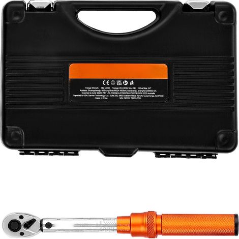 Clé dynamométrique cliquet 1/4" 20-240 lbf-in / 2,3-27,1 N.m, double sens et double échelle, précision ±3%, 72 dents, avec embouts, douilles, adaptateurs et rallonge, orange (1/5)